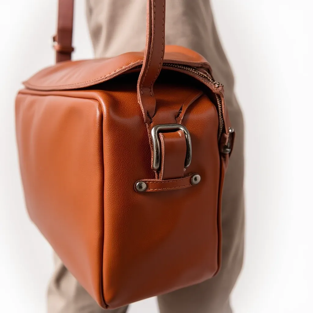 Close-up detail of cognac leather crossbody bag showing hand-stitching, leather grain texture, and adjustable leather strap attachment hardware