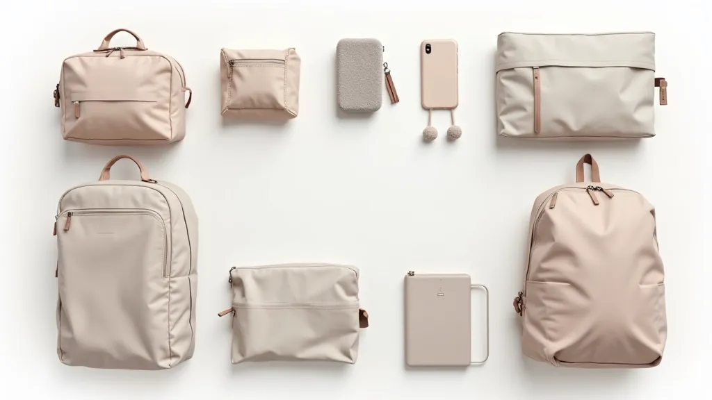 Carefully arranged collection of travel bags and backpacks