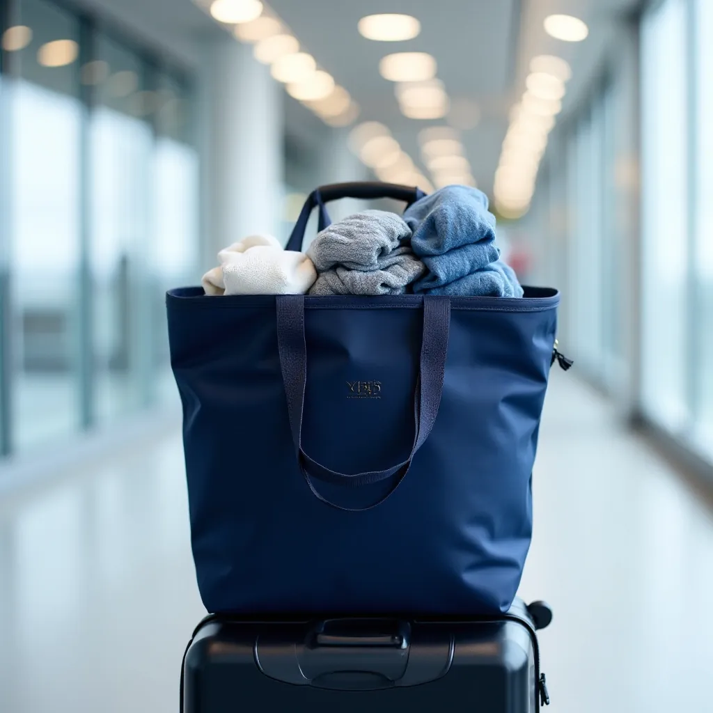 Weekender travel tote bag packed with clothing, sitting on luggage handle in airport setting, practical organization visible