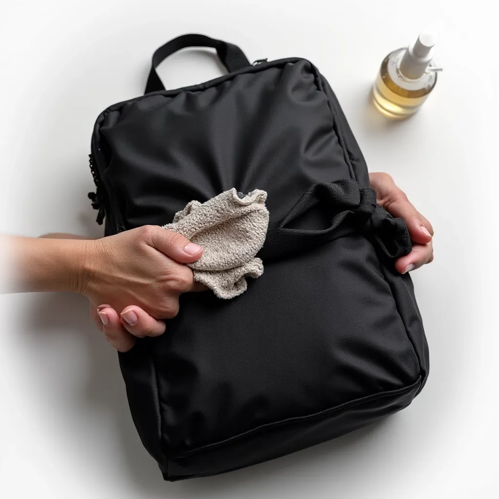 Hands cleaning black ballistic nylon sling pack with soft cloth and mild soap solution