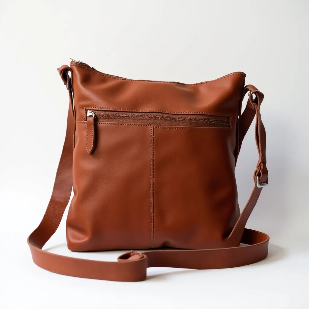 Cognac leather crossbody bag with adjustable strap on white background showing rich leather grain texture and craftsmanship