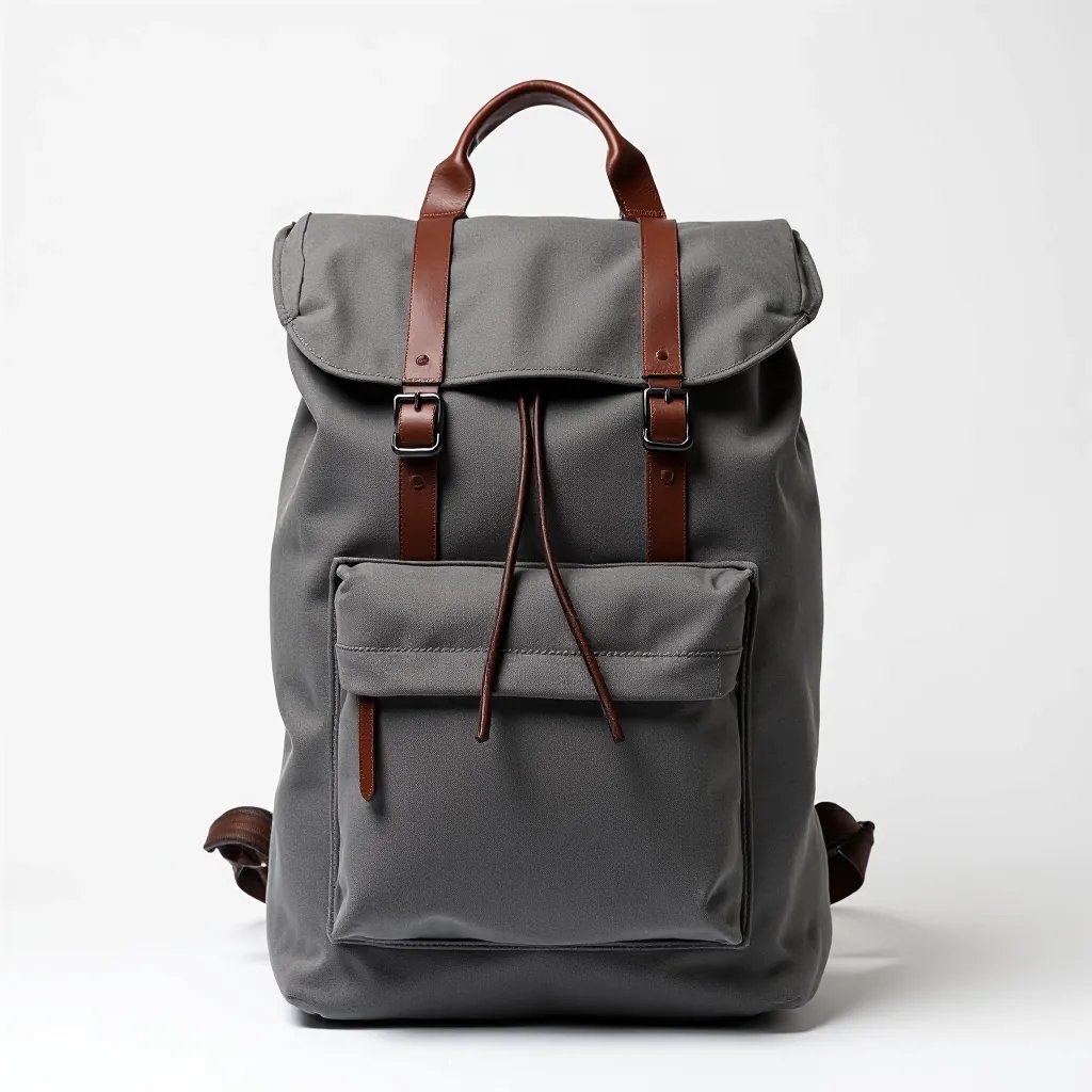 Amsterdam Canvas Backpack in storm grey with leather accents, front view showing structured silhouette and carry handles
